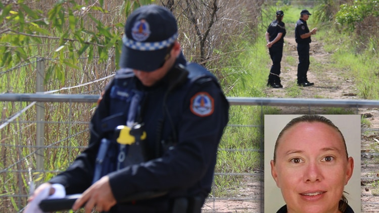 Police at the scene of the grave of Carlie Sinclair (pictured inset) near Berry Springs, in Darwin's rural area.