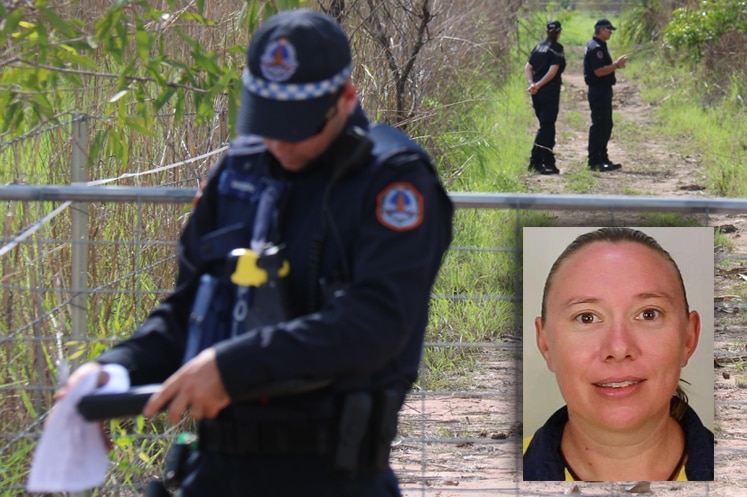 Police at the scene of the grave of Carlie Sinclair (pictured inset) near Berry Springs, in Darwin's rural area.