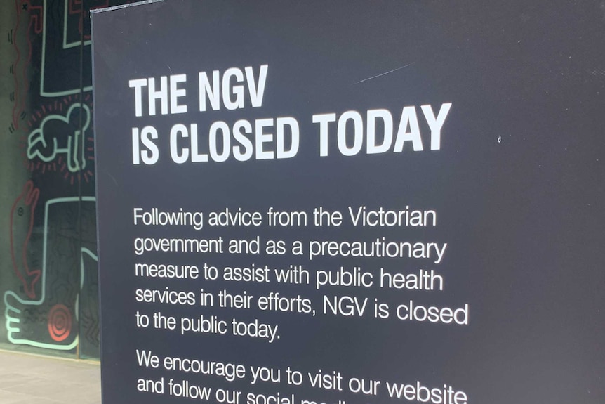 A sign outside the National Gallery of Victoria explaining why it is closed.