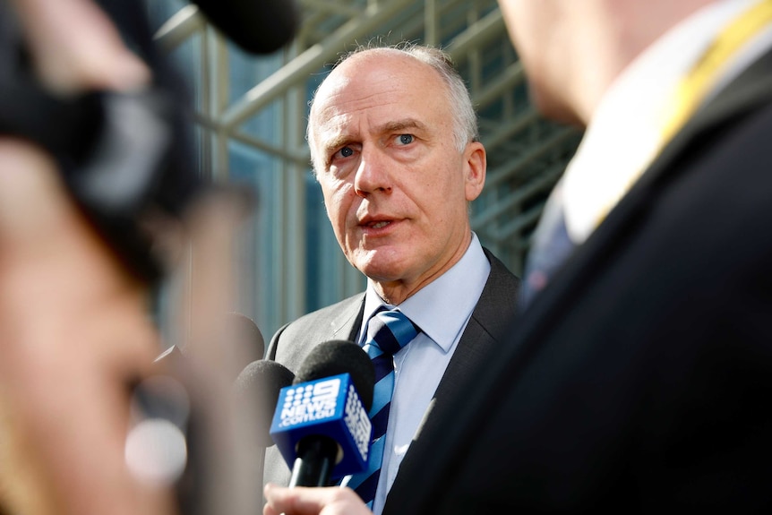 Eric Abetz talking to media at Parliament House