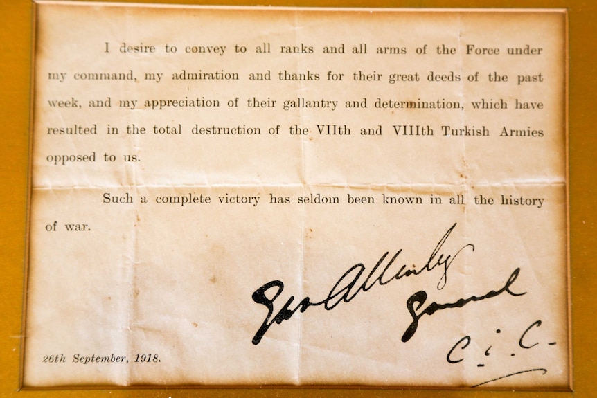 A note sent to Beersheba Light Horsemen thanking them for their "gallantry and determination".