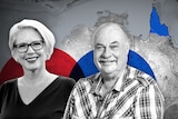A man and woman smile with a map of Australian in the background, and Leichhardt electorate highlighted. 