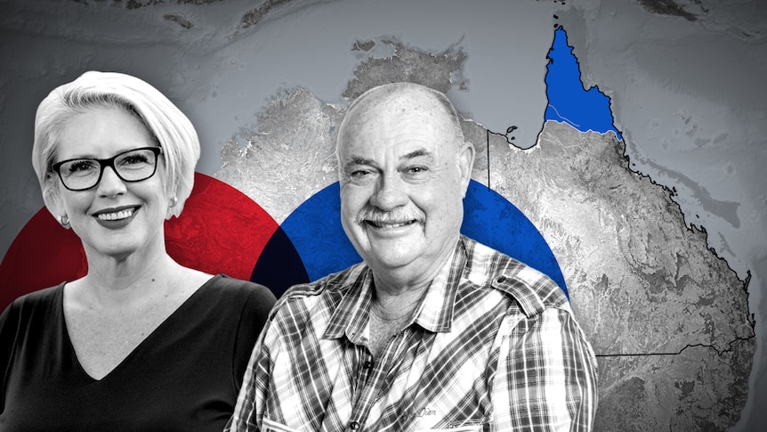 A man and woman smile with a map of Australian in the background, and Leichhardt electorate highlighted. 