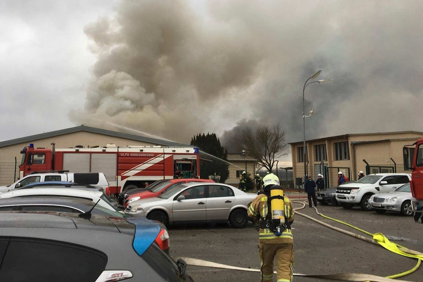 A firefighter is walking towards a column of smoke.