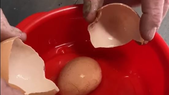 Hands hold a cracked egg over a bowl, a smaller egg is sitting in the bowl