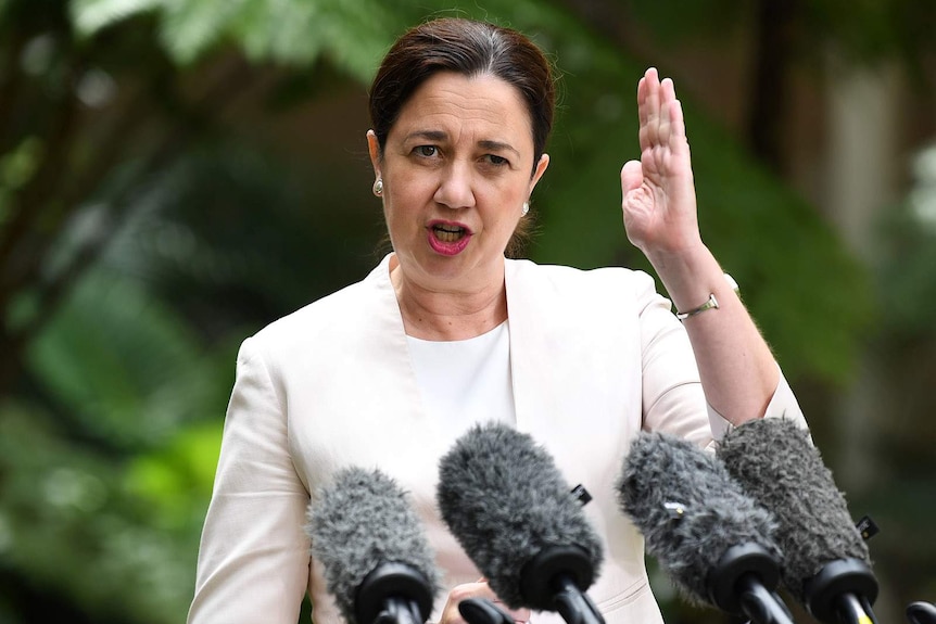 Queensland Premier speaking at a media conference outside State Parliament