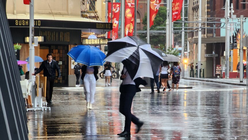 people holding umbrellas walking in the rain in the city
