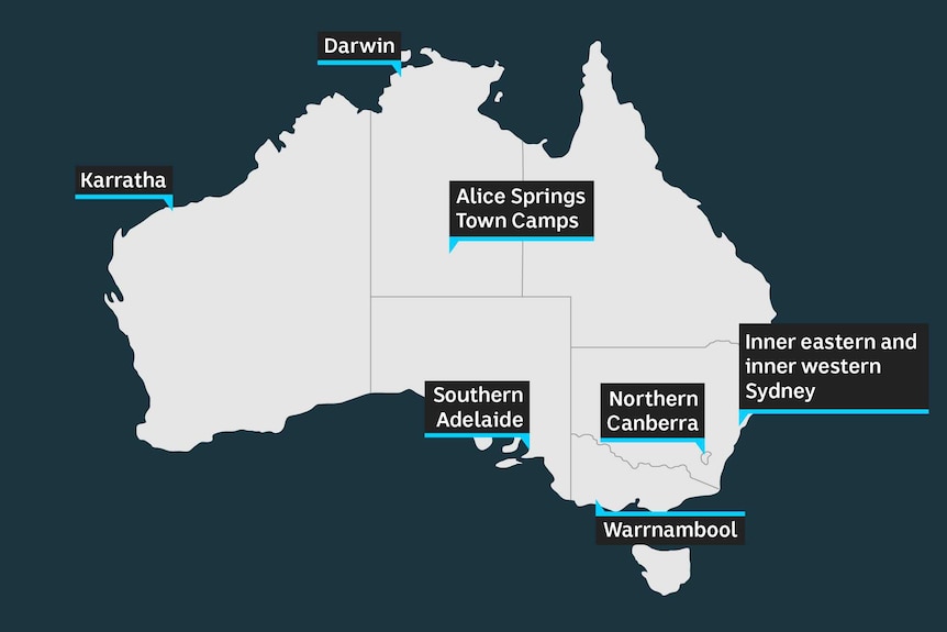 The graphic shows a map of Australia, with sites including Karratha, northern Canberra and Warrnambool highlighted.