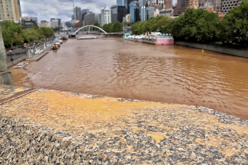 Melbourne's Yarra River full of brown water after heavy overnight rain.