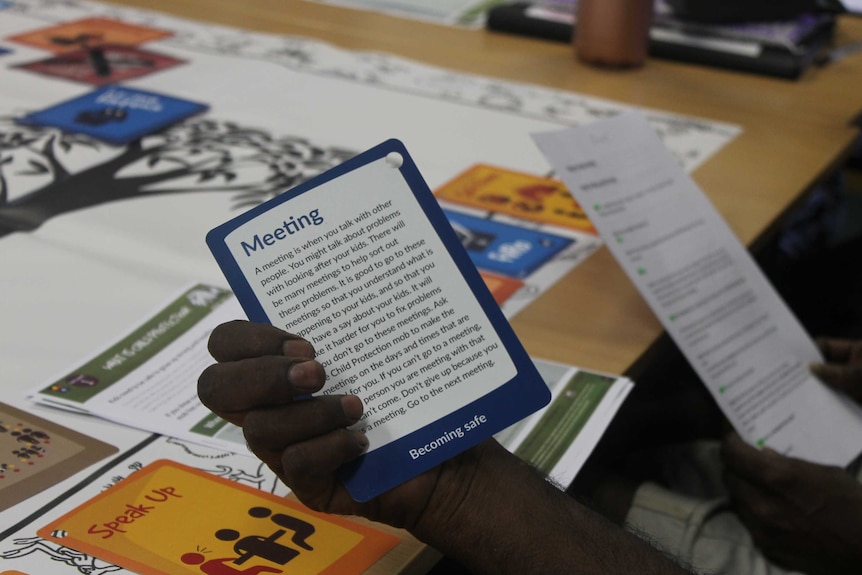 A card with the word "meeting" on it and an explanation of what a meeting is in the child protection context