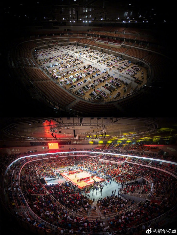 Two images of a stadium converted into a COVID-19 hospital and restored to use as a stadium.