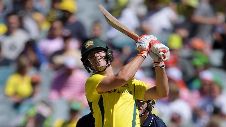 Mitchell Marsh hits a 6 in the one day international against England.