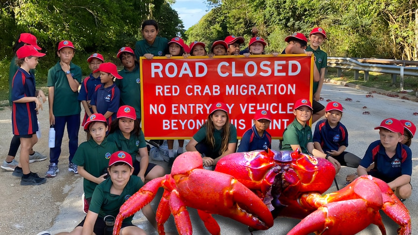 23 kids pose around a road sign saying 'Road Closed Red Crab Migration'.