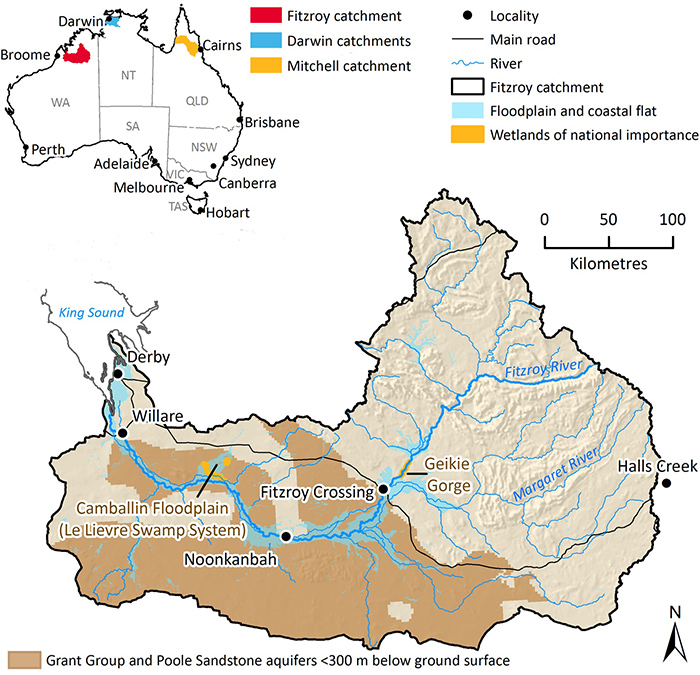 Graphic map showing the potential location for aquifers in Fitzroy River catchment in Western Australia.