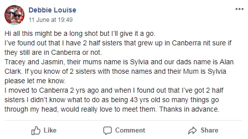 Facebook post from Debbie Clark asking if anybody knows her half sisters.