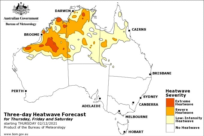 A BOM map showing heatwave conditions in Australia.