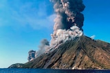 Smoke billows from the volcano on the Italian island of Stromboli.