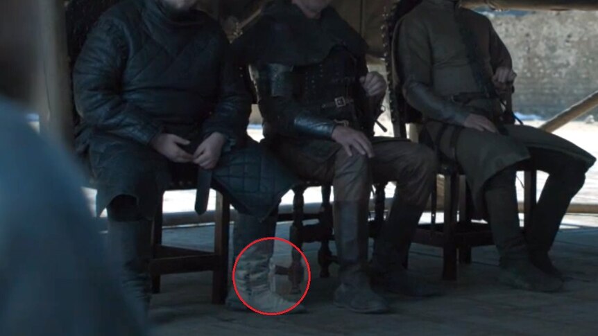 A still from HBO's Game of Thrones finale shows a stray wattle bottle left in shot