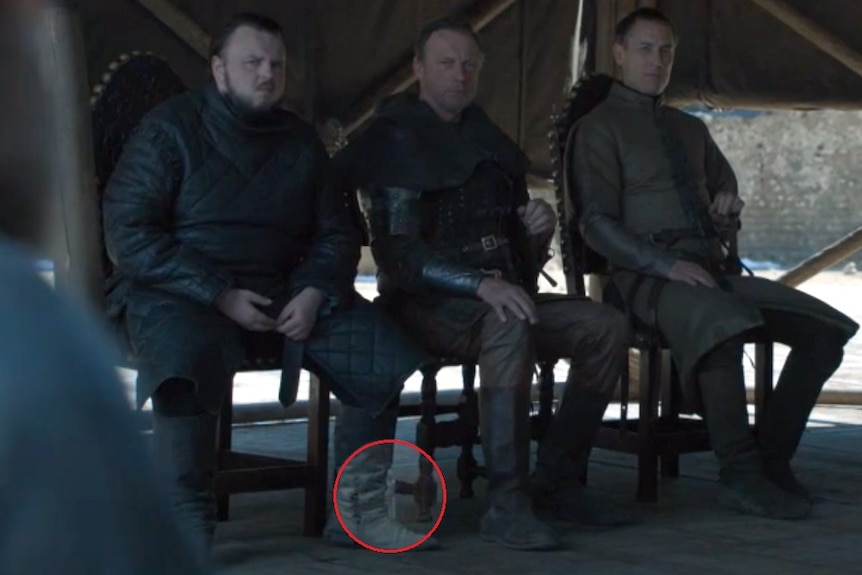 A still from HBO's Game of Thrones finale shows a stray wattle bottle left in shot