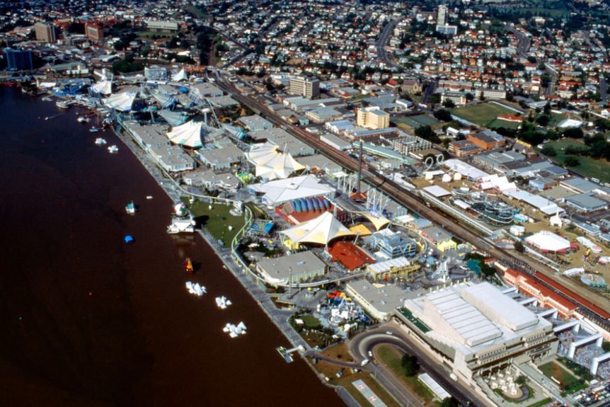 An aerial shot of Southbank during World Expo 1988.