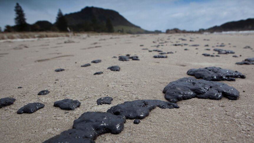 Oil from stricken ship Rena on a New Zealand beach