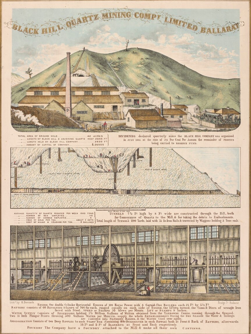A colour picture of an etching of a mining operation
