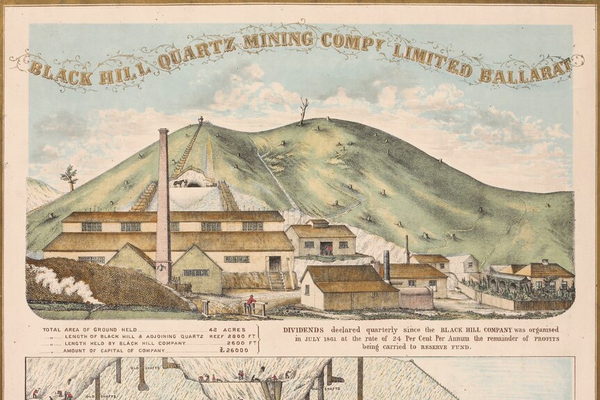 Una imagen en color de un grabado de una operación minera