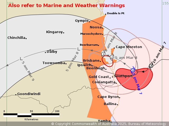The Bureau of Meteorology's latest Tropical Cyclone Alfred map, issued at 5:03 pm AEST Friday 7 March 2025.