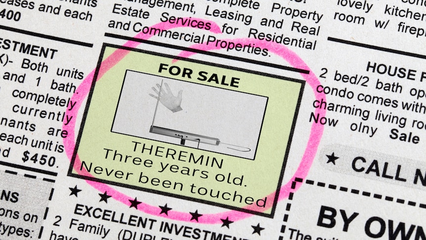 A cartoon classifieds page, with a circled ad that reads "For Sale: Theremin. Three years old. Never been touched."
