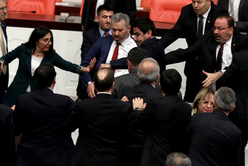 politicians fist fighting each other in parliament.