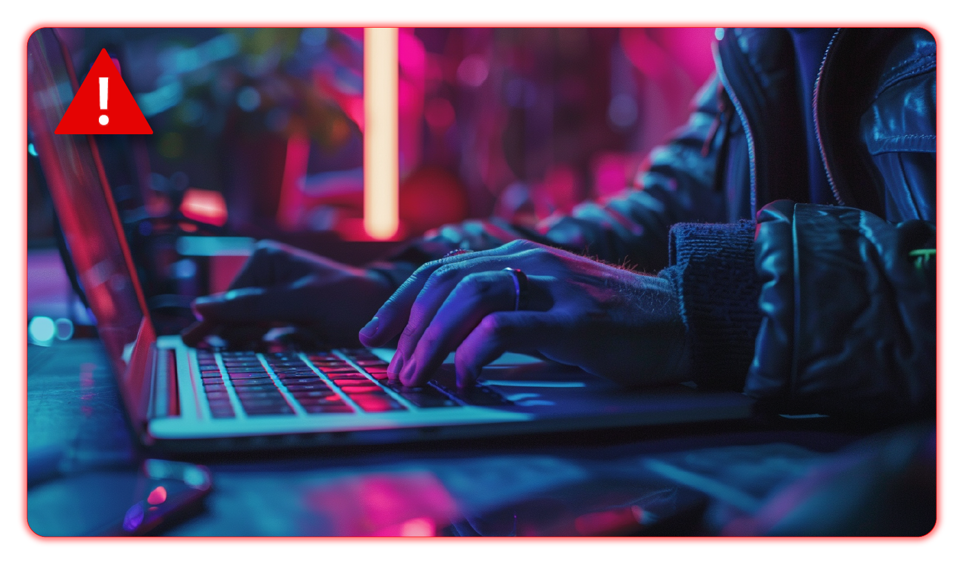 Human hands type on a keyboard. The background is a hazy red glow.