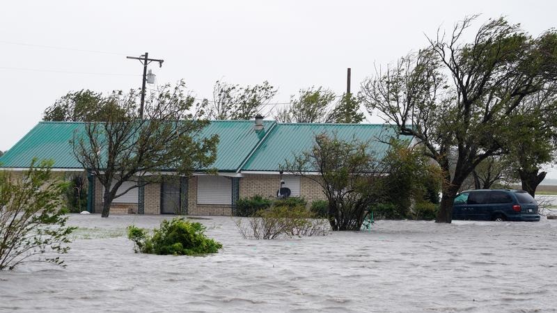 A ranch house surrounded by floodwaters near Port Lavaca, Texas.