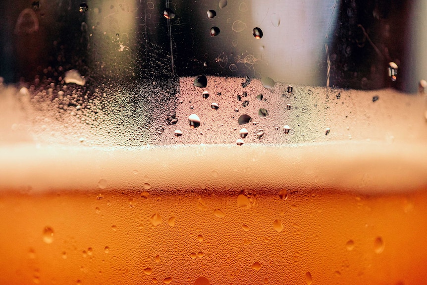 Ambient shot of beer and froth in a chilled glass.