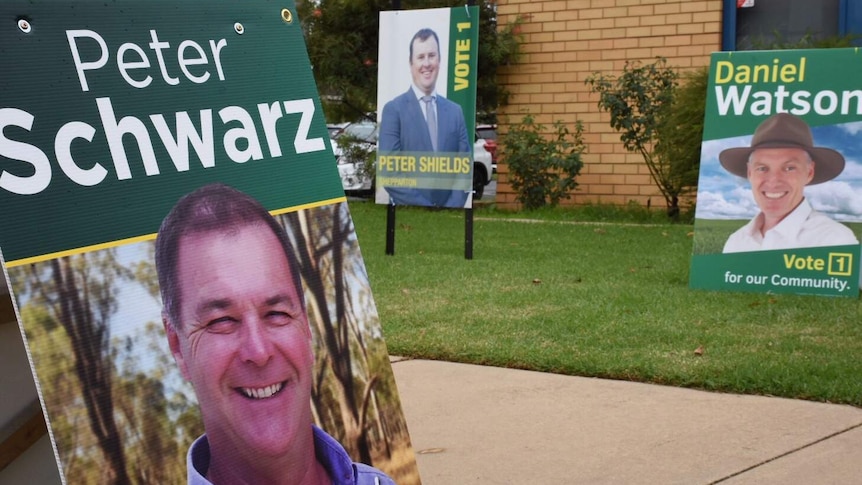 Candidates signs outside a polling station for the Nationals Party's Shepparton community preselection.