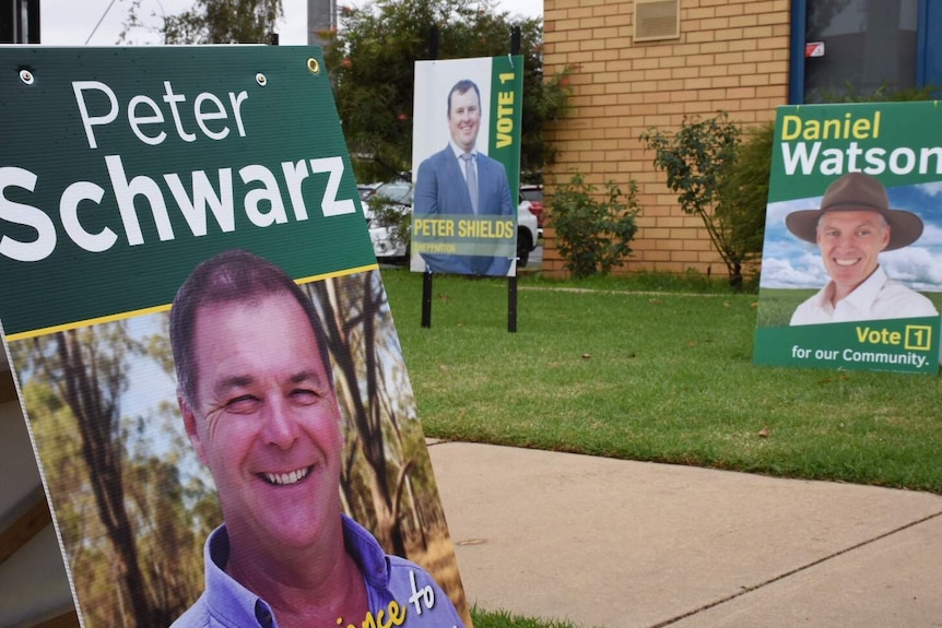 Candidates signs outside a polling station for the Nationals Party's Shepparton community preselection.