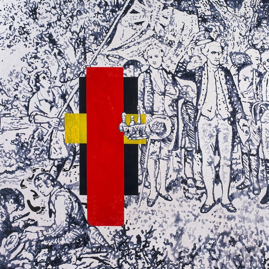 A scene depicting colonial settlers with red, yellow, and black triangles heavily imposed in the photograph.