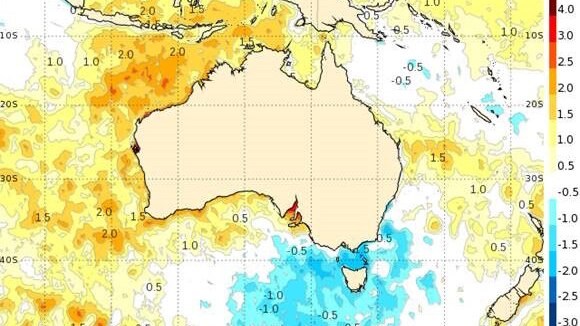 A graphic map with colours showing sea surface temperature anomalies for Australia on December 16, 2019.