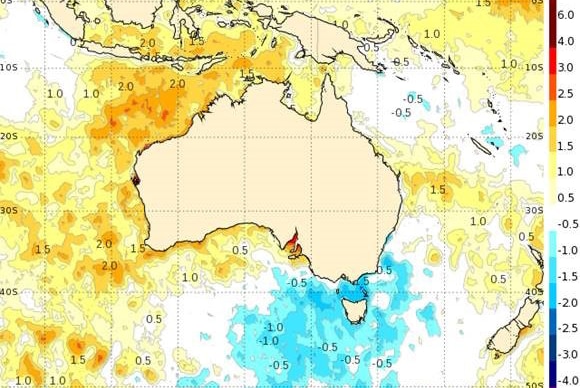 A graphic map with colours showing sea surface temperature anomalies for Australia on December 16, 2019.