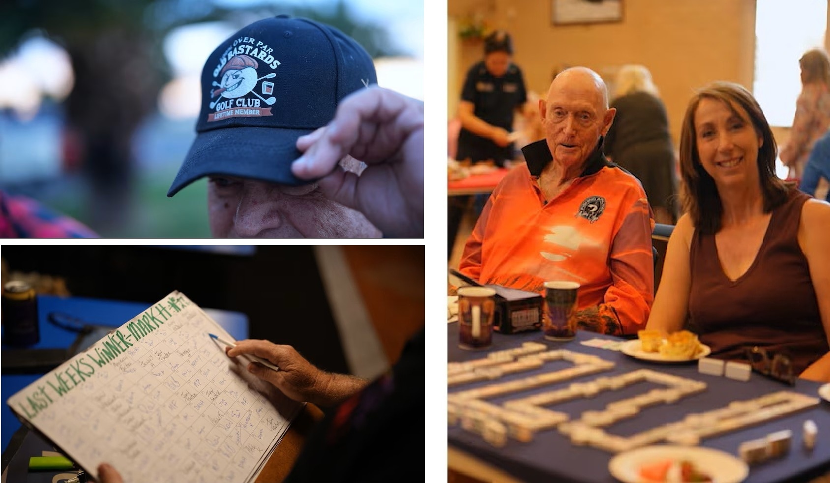 A montage of photos, including a close up of a cap, two people at a table and a games board.