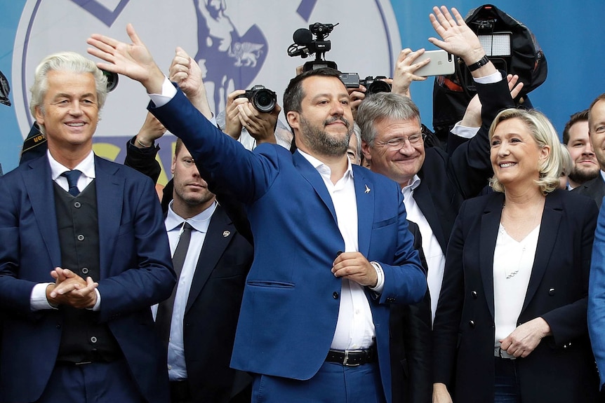 Italy's Interior Minister Matteo Salvini pictured at a rally with other far-right European leaders Marine Le Pen, Geert Wilders