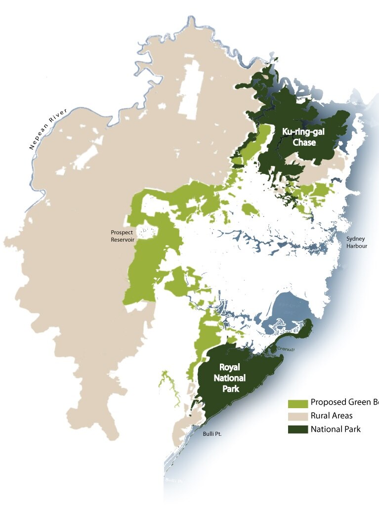 This map shows the area that was proposed to be part of Sydney's Green Belt.