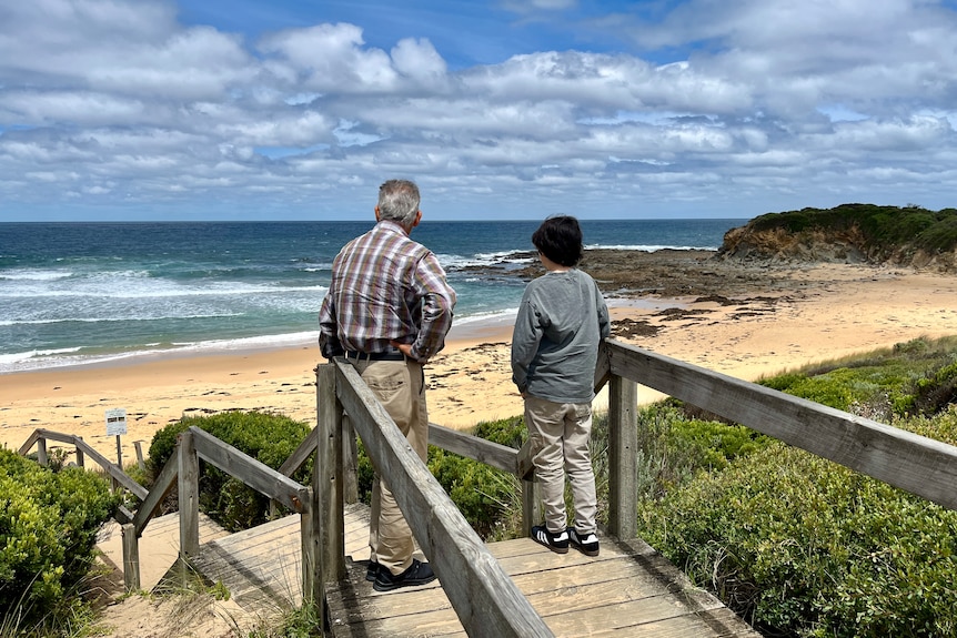 An older man and boy look at the ocean.