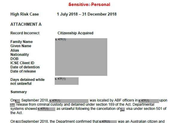 Redacted Department documents showing an Australian citizen incorrectly detained in immigration detention