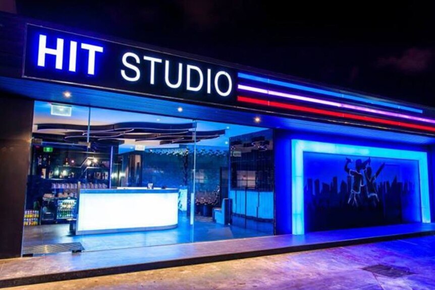 Hit Studio lit up at night