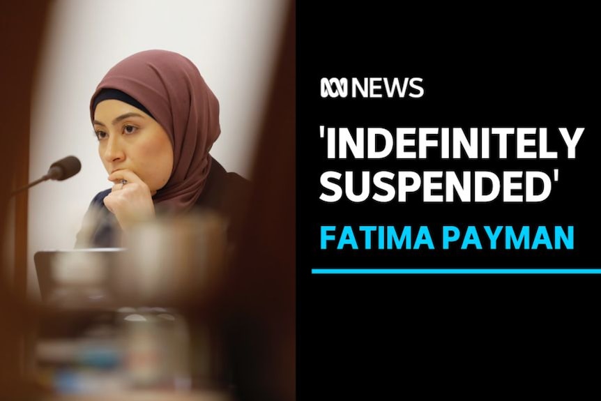 'Indefinitely Suspended', Fatima Payman: A woman in a headscarf with a microphone in front of her.
