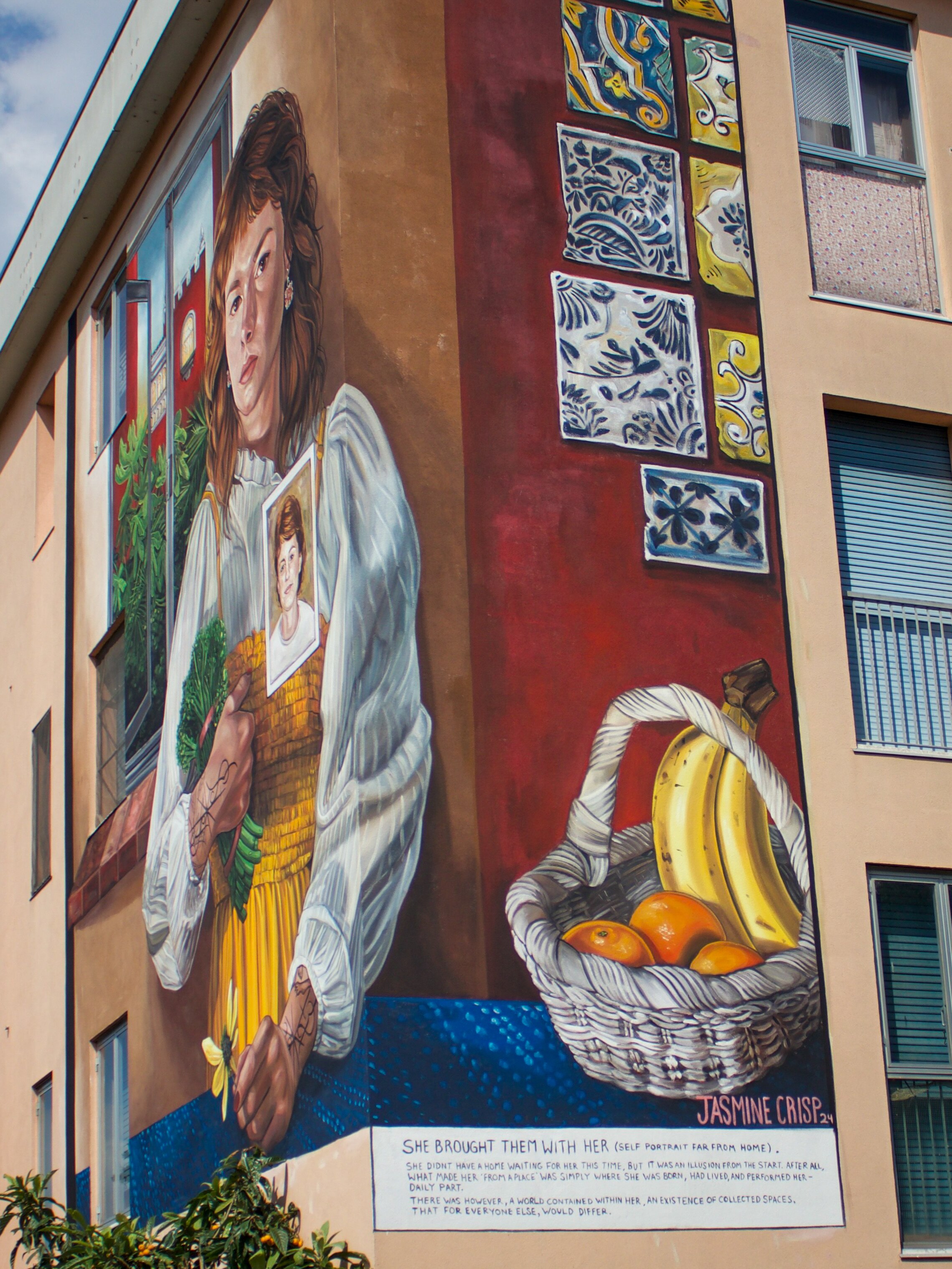 An image from the artist's completed mural from another angle. Here we see the detail of a painted fruit bowl