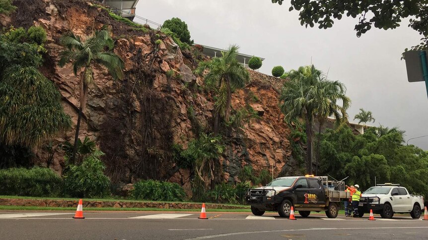 Rock slide closes the road on the Strand in Townsville
