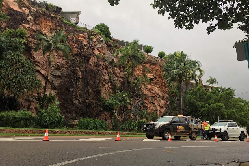 Rock slide closes the road on the Strand in Townsville