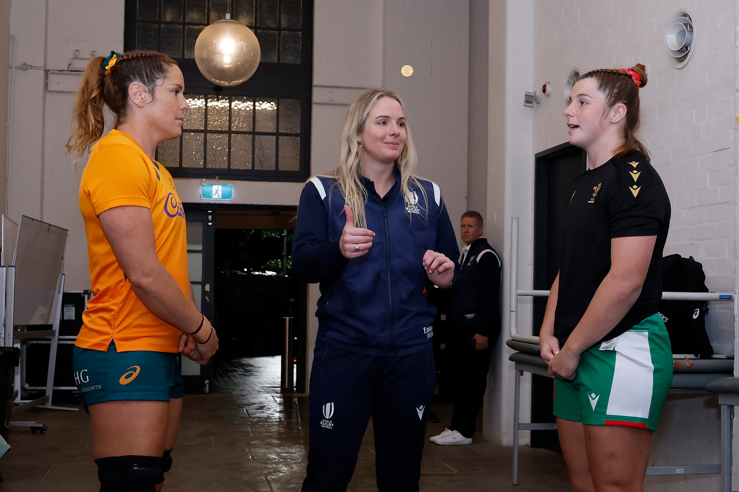 Emily Chancellor at a coin toss before a Wallaroos Test in 2025.