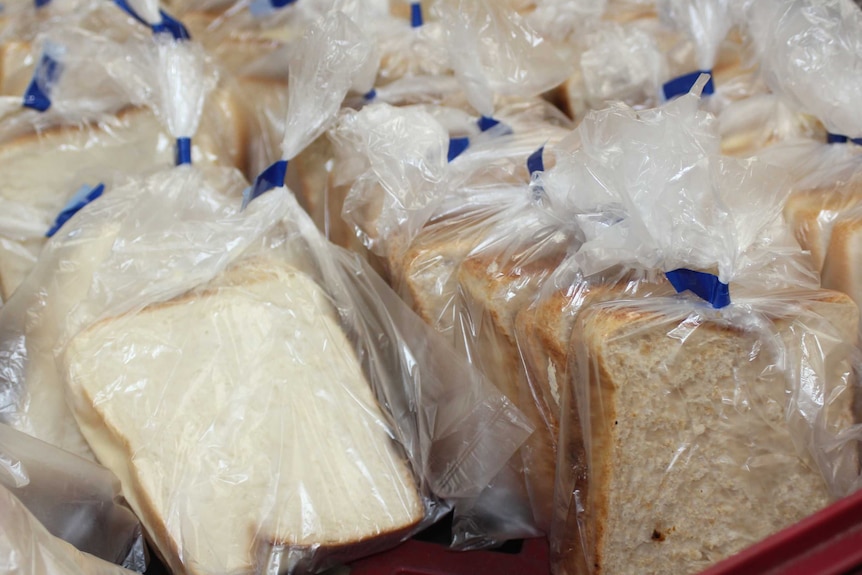 A tray of homemade sandwiches wrapped in plastic bags.